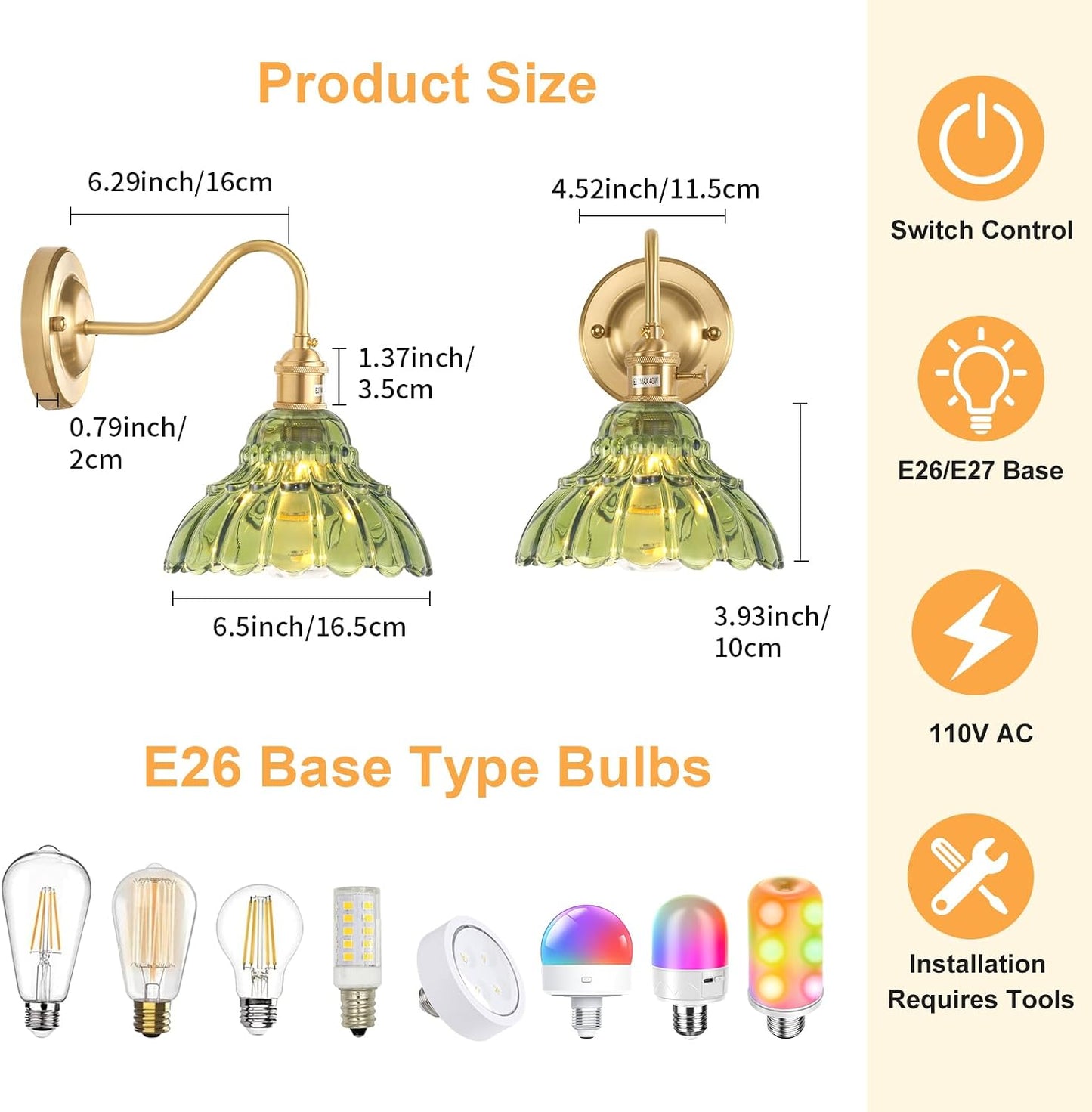 Shenmoyl Battery Operated Wall Sconce Wall Lamp with Green Lily of the Valley Shade Pattern Glass Adjustable Chain Retro Gold Wall Mounted Light, Modern Wall Lamp Fixtures Decor for Bedside Bedroom