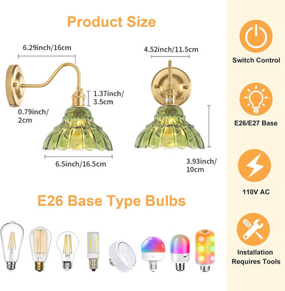 Shenmoyl Battery Operated Wall Sconce Wall Lamp with Green Lily of the Valley Shade Pattern Glass Adjustable Chain Retro Gold Wall Mounted Light, Modern Wall Lamp Fixtures Decor for Bedside Bedroom