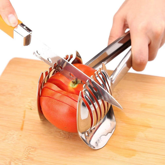 Tomato Slicer Lemon Cutter Multipurpose Handheld Round Fruit Tongs Stainless Steel Onion Holder Easy Slicing Kiwi Fruits & Vegetable Tools Kitchen Cutting Aid Gadgets Tool