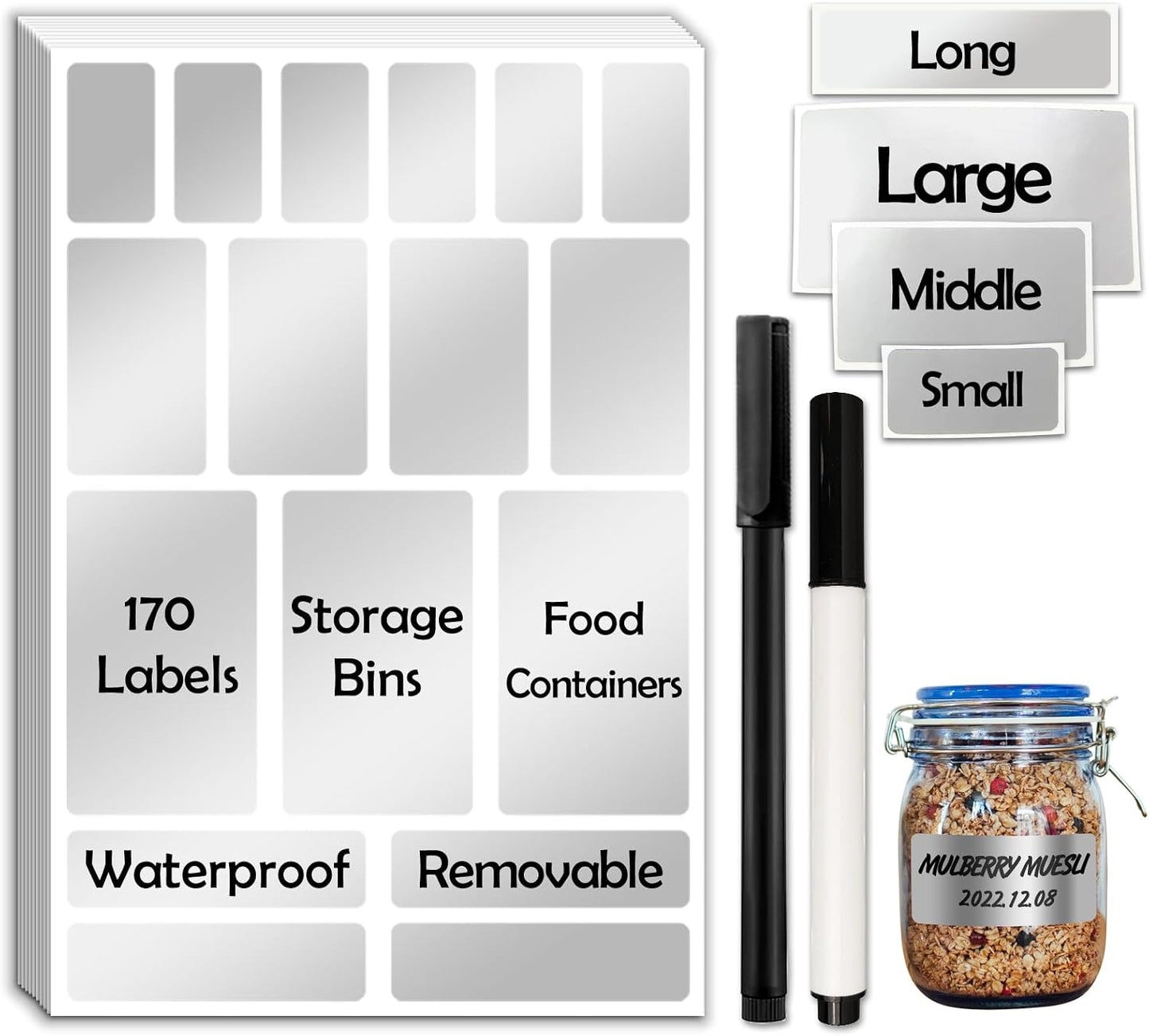 JIEHENG 170Pcs White Removable Labels for Jars with 2 Liquid Chalk Marker | Easy peel off,Self Adhesion Labels stickers for Storage Bins,Food Containers