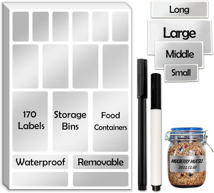 JIEHENG 170Pcs White Removable Labels for Jars with 2 Liquid Chalk Marker | Easy peel off,Self Adhesion Labels stickers for Storage Bins,Food Containers
