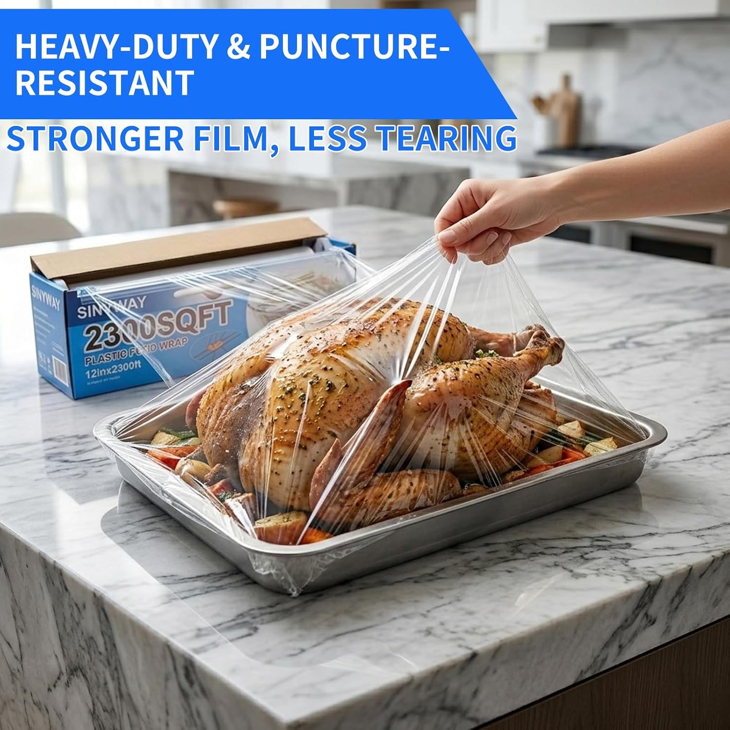 12" x 2300 SqFt Plastic Wrap with Slide Cutter, Cling Wrap for Kitchen | Commercial Size Extra-Long Roll with Built-in Roller, Heavy Duty Plastic Food Wrap for Home or Restaurant BPA Free