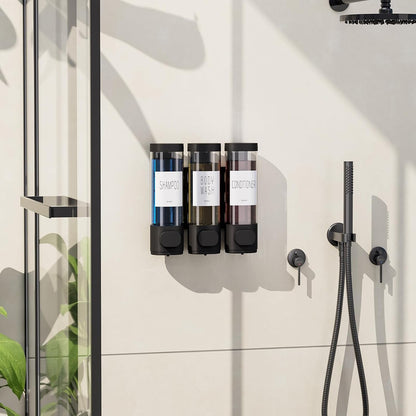 Shampoo and Conditioner Dispenser for Shower Wall Mount 3 Chamber, Black | Shower Soap Dispenser for Wall, 10.2 OZ Plastic Refillable Body Wash Bottles for Bathroom, No Drill Wall Mounted