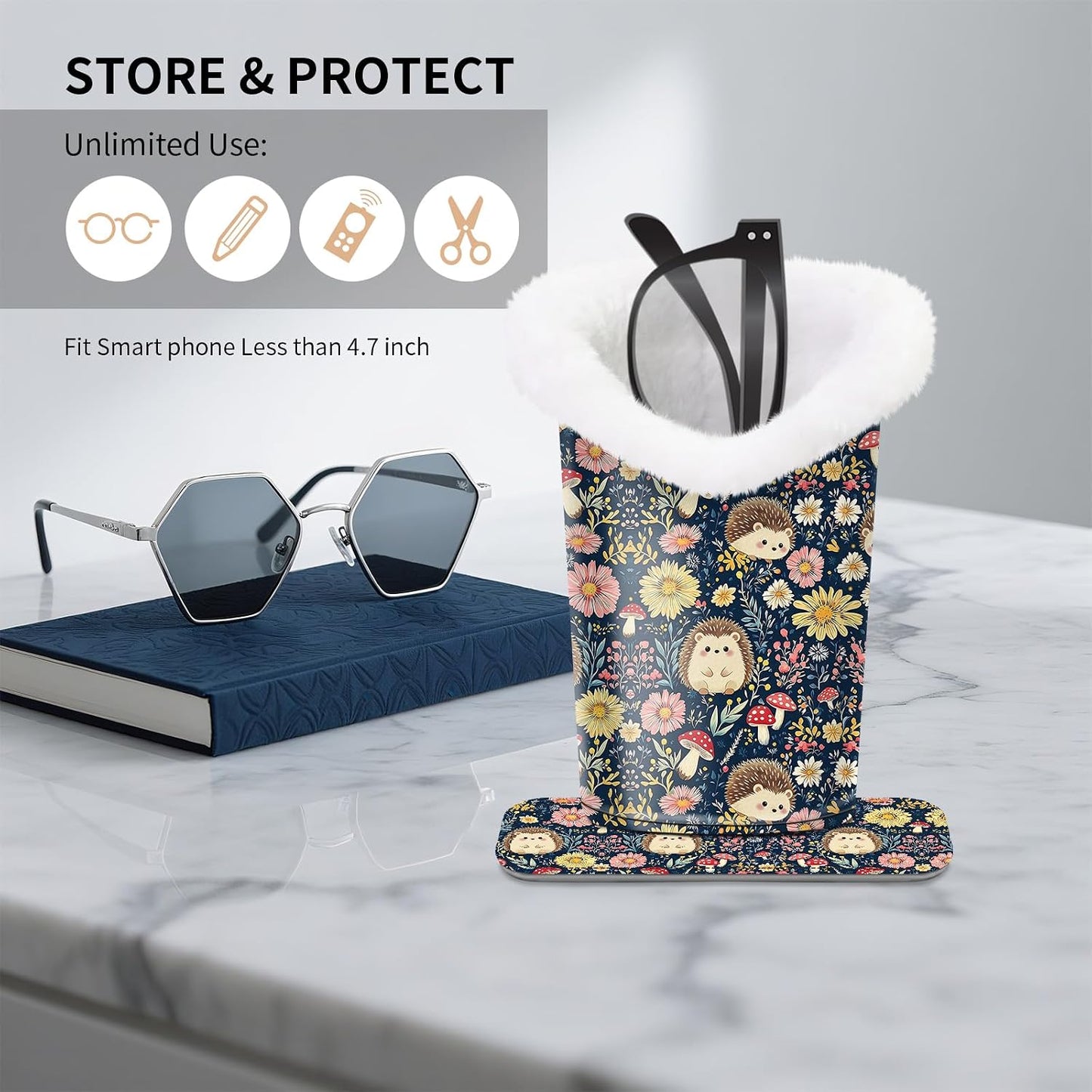 Plush Lined Eyeglasses Holder, Cute Magnetic PU Leather Glasses Stand Case for Women Men Kids