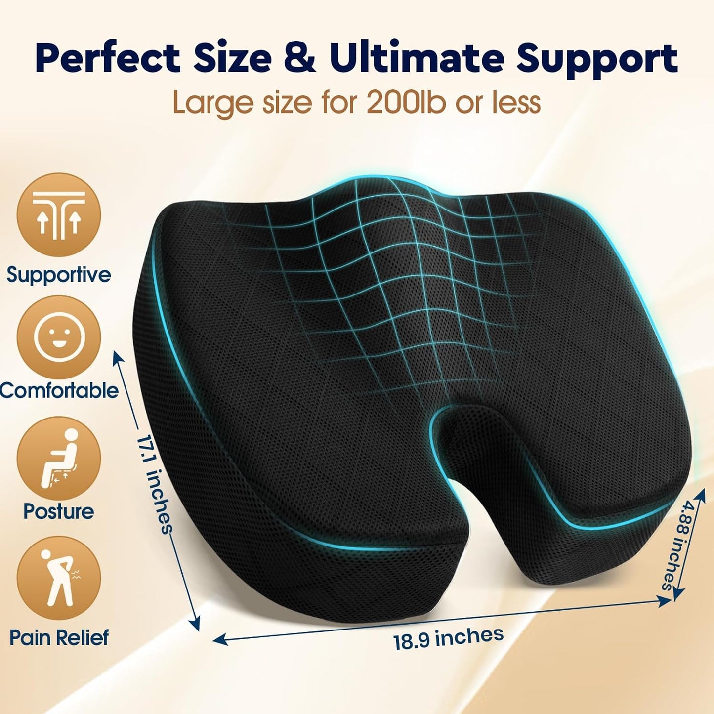 TushGuard Office/ Car Seat Cushion, Non-Slip Sciatica & Back Coccyx Tailbone Pain Relief Chair Pad, Memory Foam Butt Pillow for Computer Desk, Wheelchair, Driving (Black)