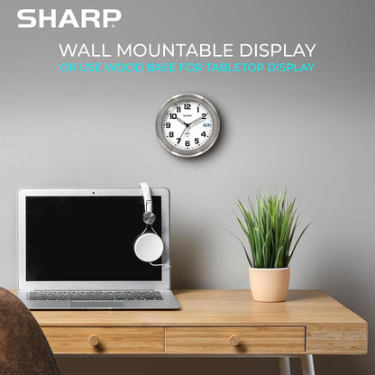 Sharp Silent Sweep Non-Ticking Analog Alarm Desk Metal Clock, Wood Stand | Wall mount, luminous hands, on/off indicator, AA powered, bedroom, office, study, quiet workspace, shelf, nightstand, table