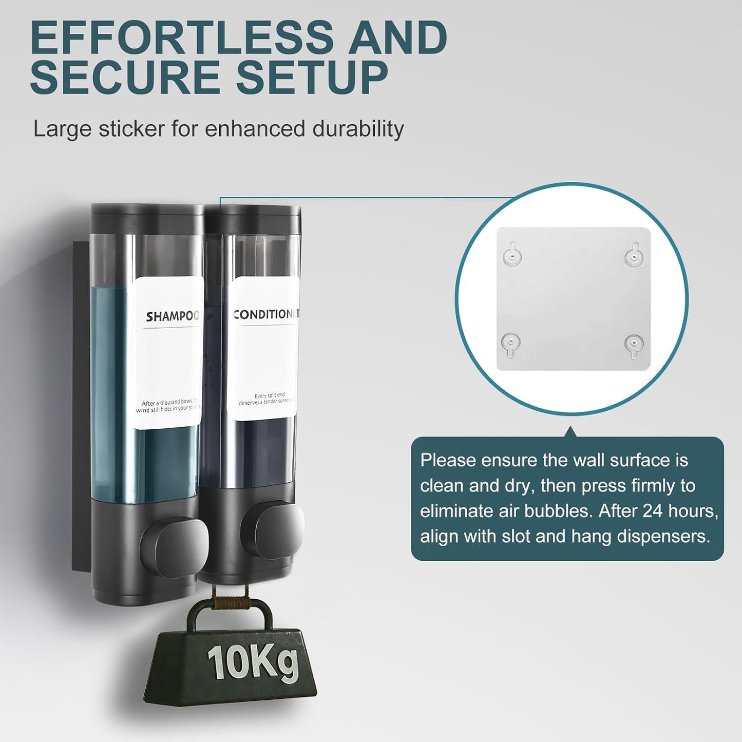Shampoo Conditioner Shower Soap Dispenser 3 Chamber Wall Mount Black | Refillable. Leakproof 900ml. No-Drill Wall Mount. Soap, Shampoo, Conditioner, Body Wash, Shower Gel, Bathroom Set. BPA-Free.