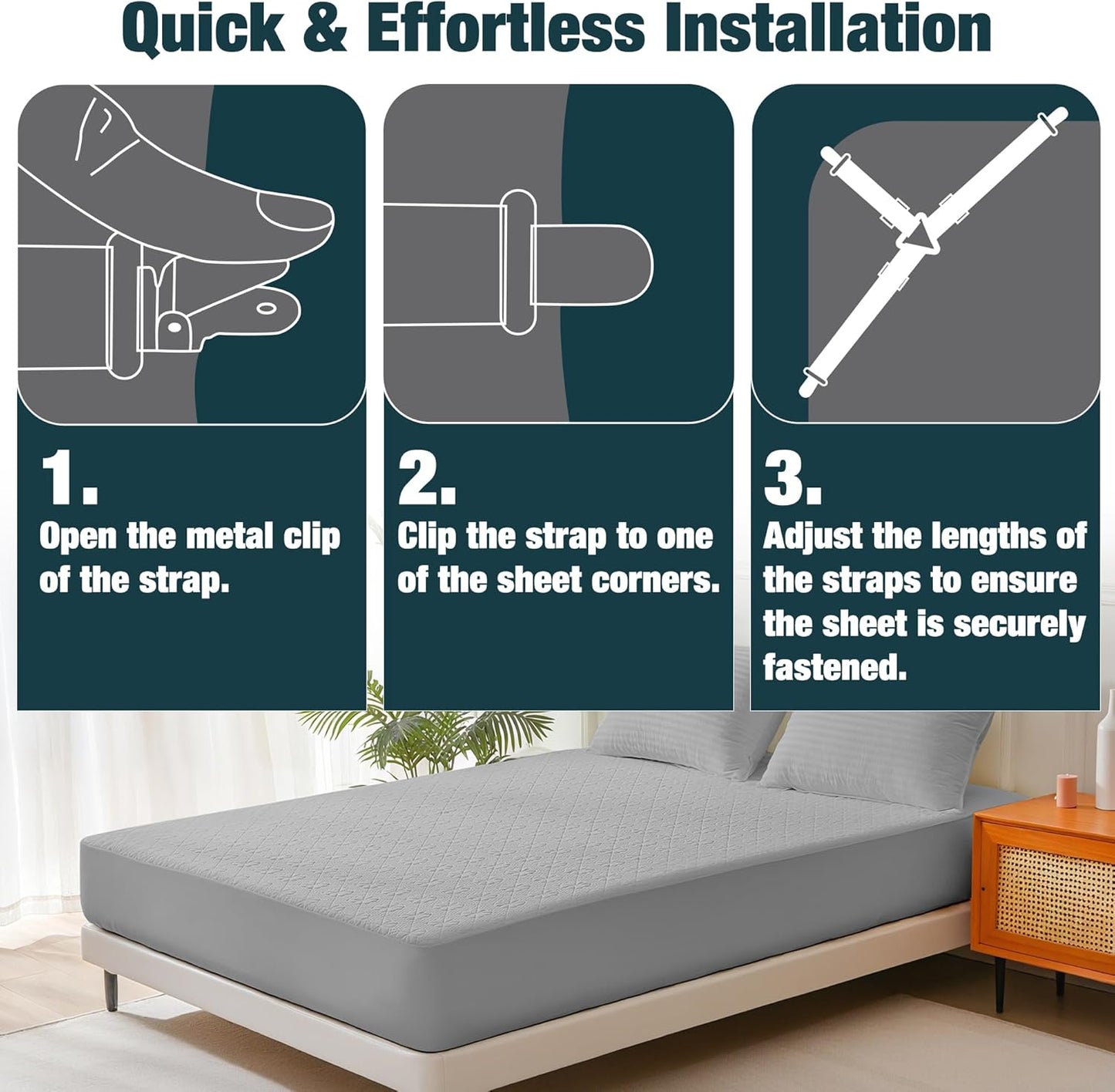 4 Pack Adjustable Elastic Straps with Metal Clips, Bed Sheet Fasteners, Bedding Suspenders for Mattress Covers, Bed Corner Holders and Keepers (White)