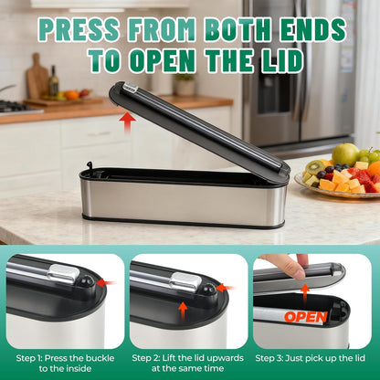 Stainless Steel & Plastic Wrap Dispenser with Cutter, Magnetic No-Drill Wall Mount Aluminum Foil Holder with Slide Cutter, for Cabinets, Space-Saving Kitchen Organizer (Silvery-Stainless Steel)