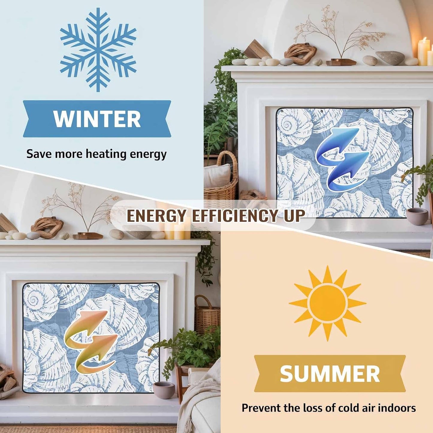 Magnetic Fireplace Cover Navy Blue Coastal Shells Fireplace Screen Decorative Ocean Conch Marine Life Insulation Fireplace Blocker Save Energy Fireplace Draft Stopper Covers for Living Room 36x30 Inch