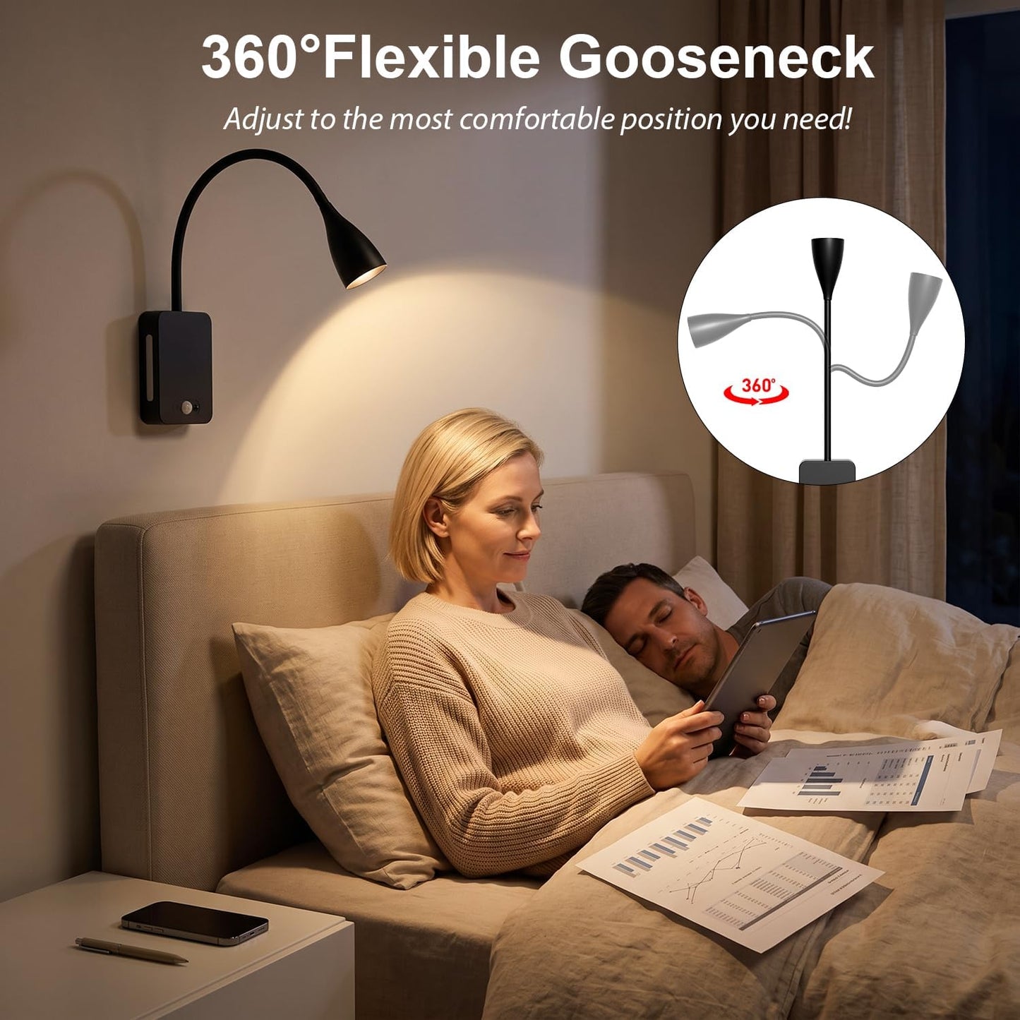LED Wall Mounted Reading Light,4000mAh Bedside Wall Lamp with Remote Control & Motion Sensor,Book Light for Reading in Bed,3 Color Temps,Dimmable & Timers,360° Flexible Gooseneck Night Light,Black