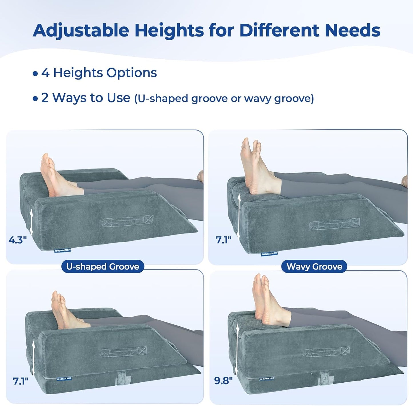 KingPavonini 4-Height Adjustable Leg Elevation Pillows for After Surgery | Soft Yet Supportive Memory Foam, Fits Various Heights, Relieve Pain & Swelling, 4 Handles & Insert Pad, Washable Velvet Cover