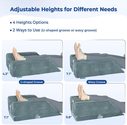 KingPavonini 4-Height Adjustable Leg Elevation Pillows for After Surgery | Soft Yet Supportive Memory Foam, Fits Various Heights, Relieve Pain & Swelling, 4 Handles & Insert Pad, Washable Velvet Cover