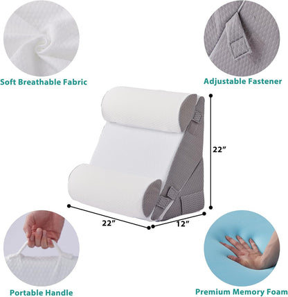 Bedluxe Wedge Pillow Headboard, 3PCS Orthopedic Bed Wedge Pillows Set for After Surgery, Adjustable Pillow Wedge for Acid Reflux&Back Pain Relief, Sleeping, Back Pillow for Bed Sitting Up, White/Grey