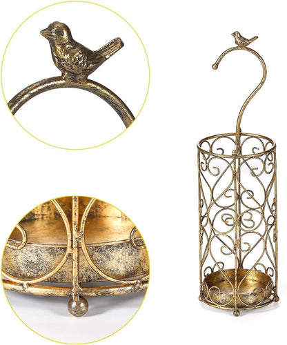 Umbrella Rack Stand,Umbrella Rack for Entryway,Canes Walking Sticks,Cast Iron Bird Handle and Drip Tray (Antique Gold) | Place cat wands or pet toys,Cast Iron Bird Handle And Drip Tray (Antique Gold)