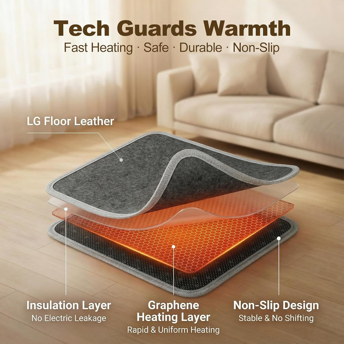 Foot Warmer Under Desk - 15.9x19.9in Heated Floor Mat 110V Adjustable Temperature Electric Heater with Timer for Office Home, Heating Pad for Cold Feet (Brown Wood)