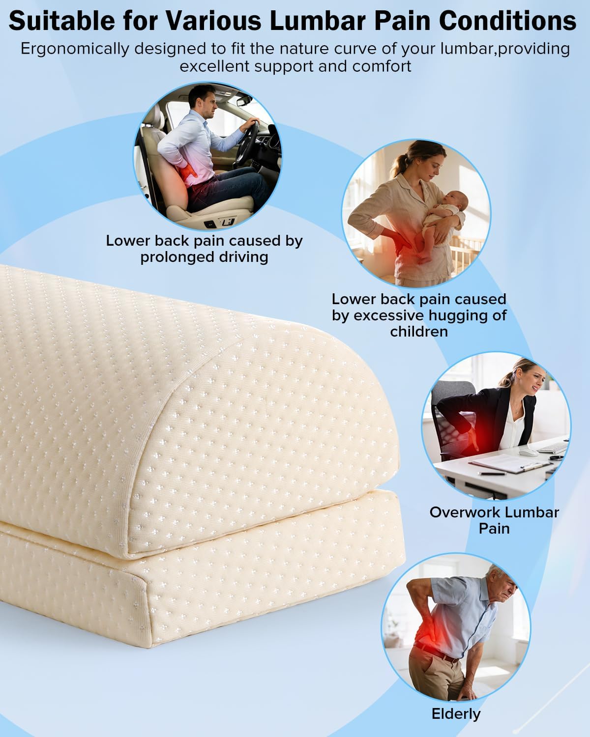 Lumbar Support Pillow for Bed for Back Pain Relief | Adjustable Lower Back Pillow for Sleeping, Memory Foam Back Support Pillow for Side & Back Sleepers, Washable Cover