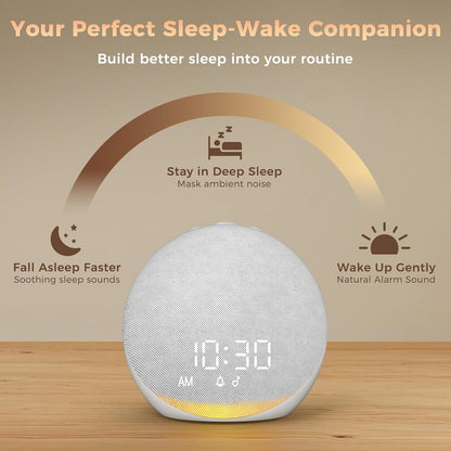 Sound Machine Alarm Clock for Bedroom: 25 Natural Sleep Sounds | White Noise Machine for Adults Kids Baby - Gentle Wake Up Alarm with Bluetooth Speaker - Putty