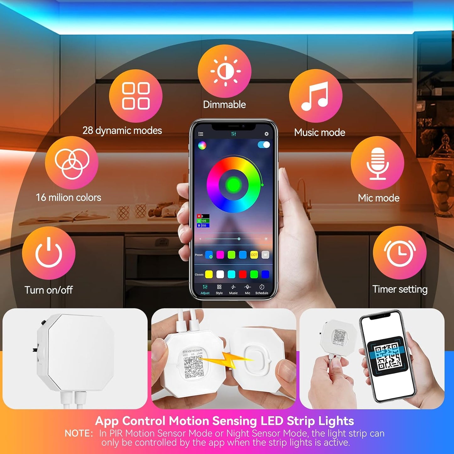 Motion Activated LED Strip Under Bed Lights 9.8Ft RGB, Remote & App Control | Motion Sensor Strip Light Indoor, Music Sync,Auto On/Off RGB Color Changing Night Light USB Powered for Bedroom Cabinet TV PC