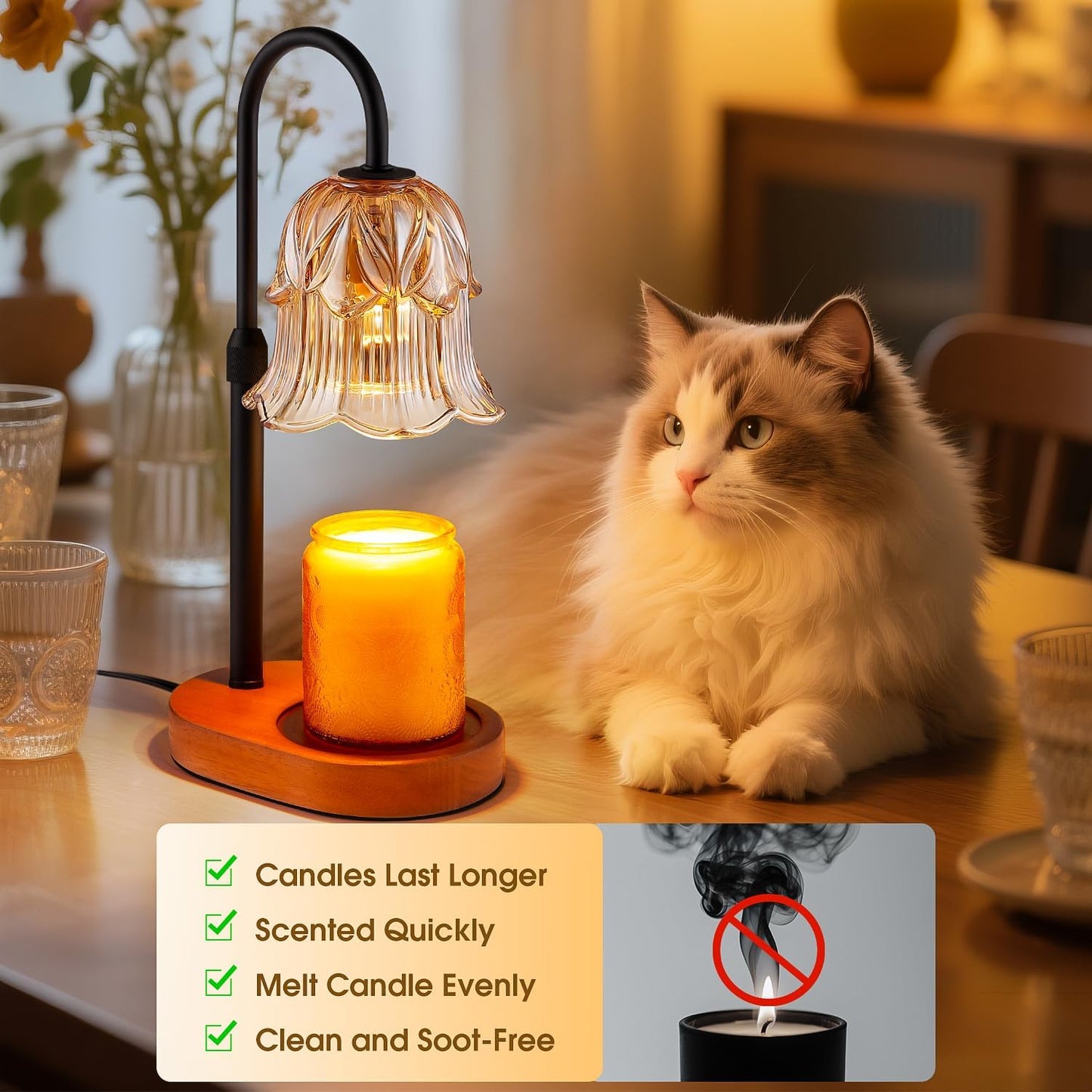 Candle Warmer Lamp Adjustable Timer - Electric Flower Glass Candles Light | Height Adjustable Dimmable Vintage Base Modern Wax Candles Jar Top Warmers Wax Melts Birthday Women Mom House Warming Gifts