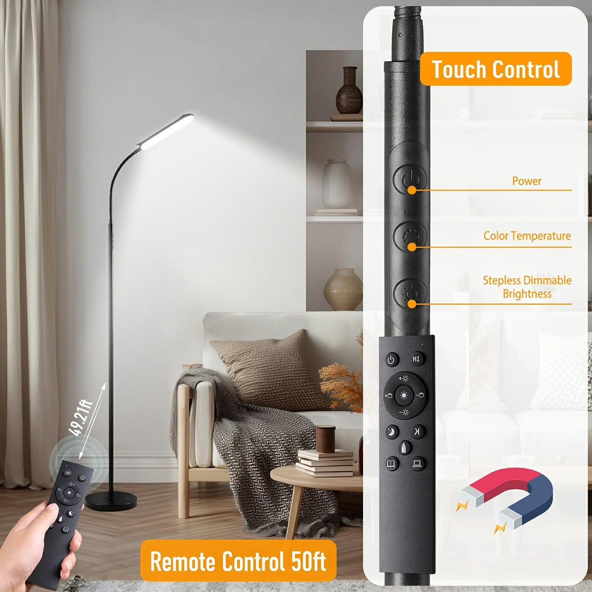 marctronic Floor Lamp, 18W 1800LM Super Bright LED Floor Lamp with Remote & Works with Smart Plug, Dimmable Timing Eye Caring Reading Lamps Floor Standing for Living Room Bedroom Office