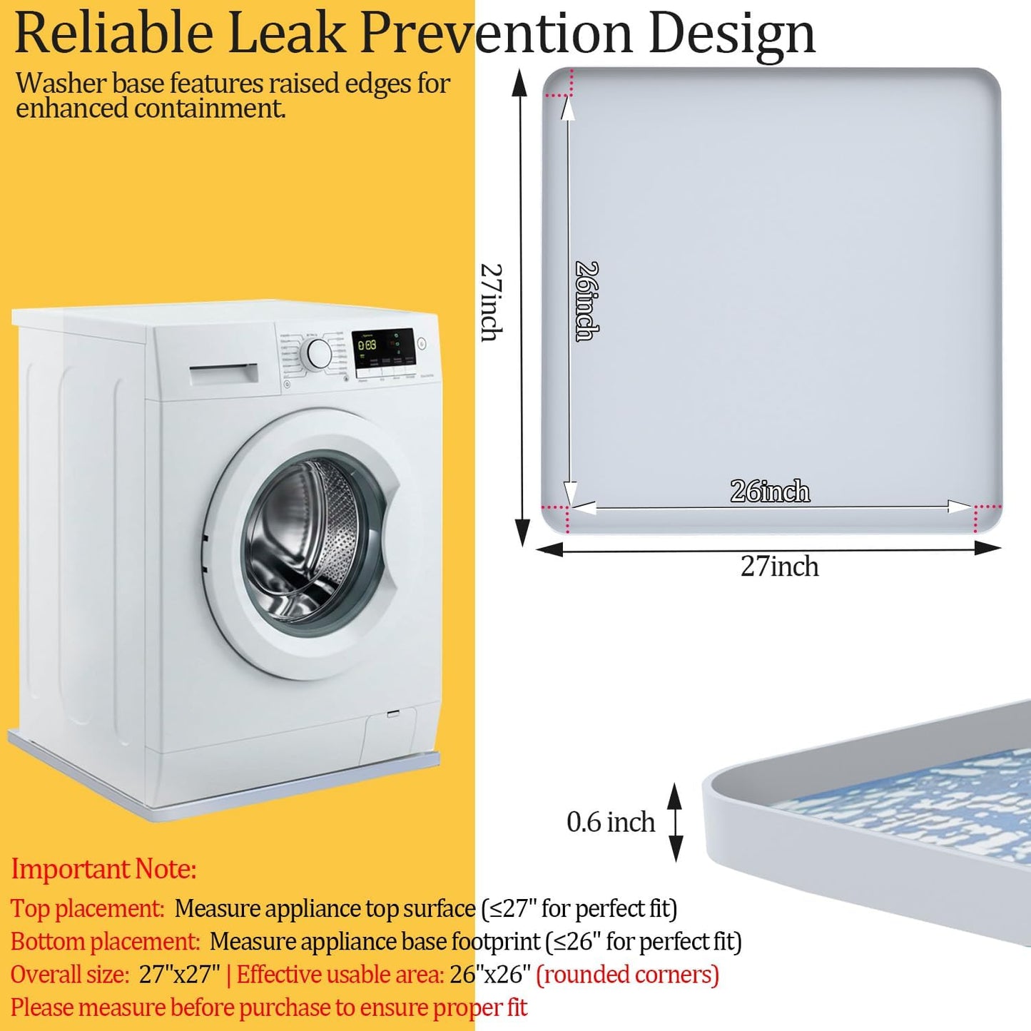 Washing Machine Drain Pan, 26x26 Inch Silicone Mat with Raised Edge, Waterproof Leak Protector Tray for Under Washer and Dryer, Anti-Slip and Foldable Laundry Room Mat