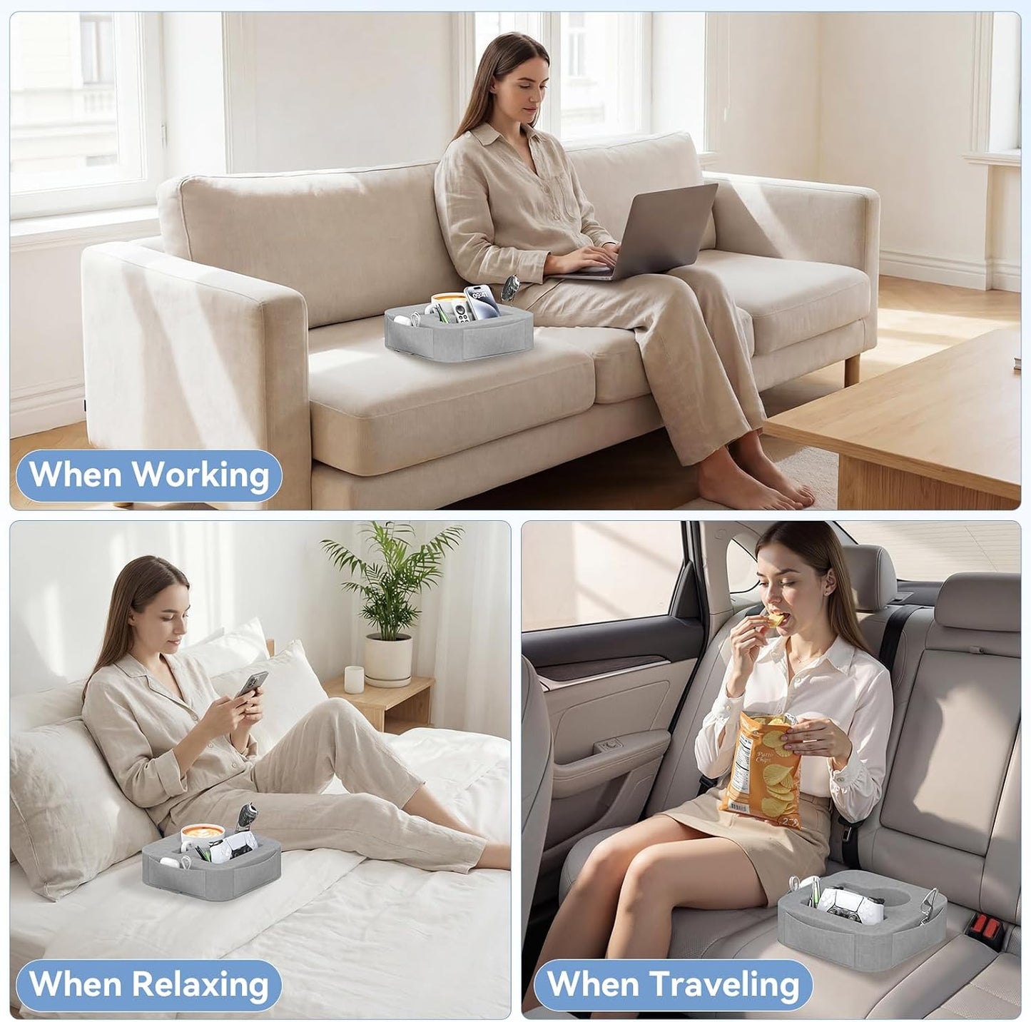 Couch Cup Holder Pillow, Sofa and Bed Caddy for iPad, Kindle, Switch, Game Controller, Remotes, Phones, Small-Sized Cup & Drink Holder for Couch, Bed, Desk, Car, Beach, Bathroom Cup Holder