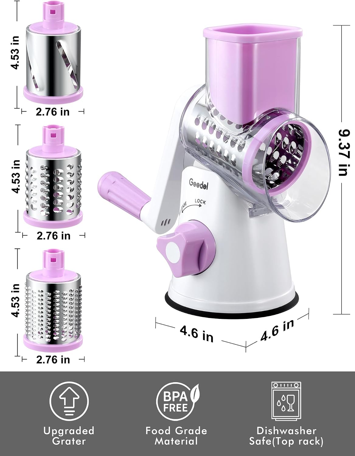Geedel Rotary Cheese Grater, Kitchen Mandoline Vegetable Slicer with 3 Interchangeable Blades, Easy to Clean Rotary Grater Slicer for Fruit, Vegetables, Nuts | 3 Blades, 430 Stainless Steel, 12x Fast Cutting, Strong Suction Base, No BPA, Dishwasher Safe,