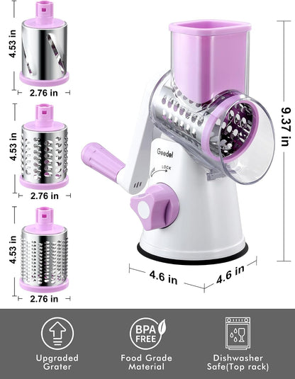 Geedel Rotary Cheese Grater, Kitchen Mandoline Vegetable Slicer with 3 Interchangeable Blades, Easy to Clean Rotary Grater Slicer for Fruit, Vegetables, Nuts | 3 Blades, 430 Stainless Steel, 12x Fast Cutting, Strong Suction Base, No BPA, Dishwasher Safe,