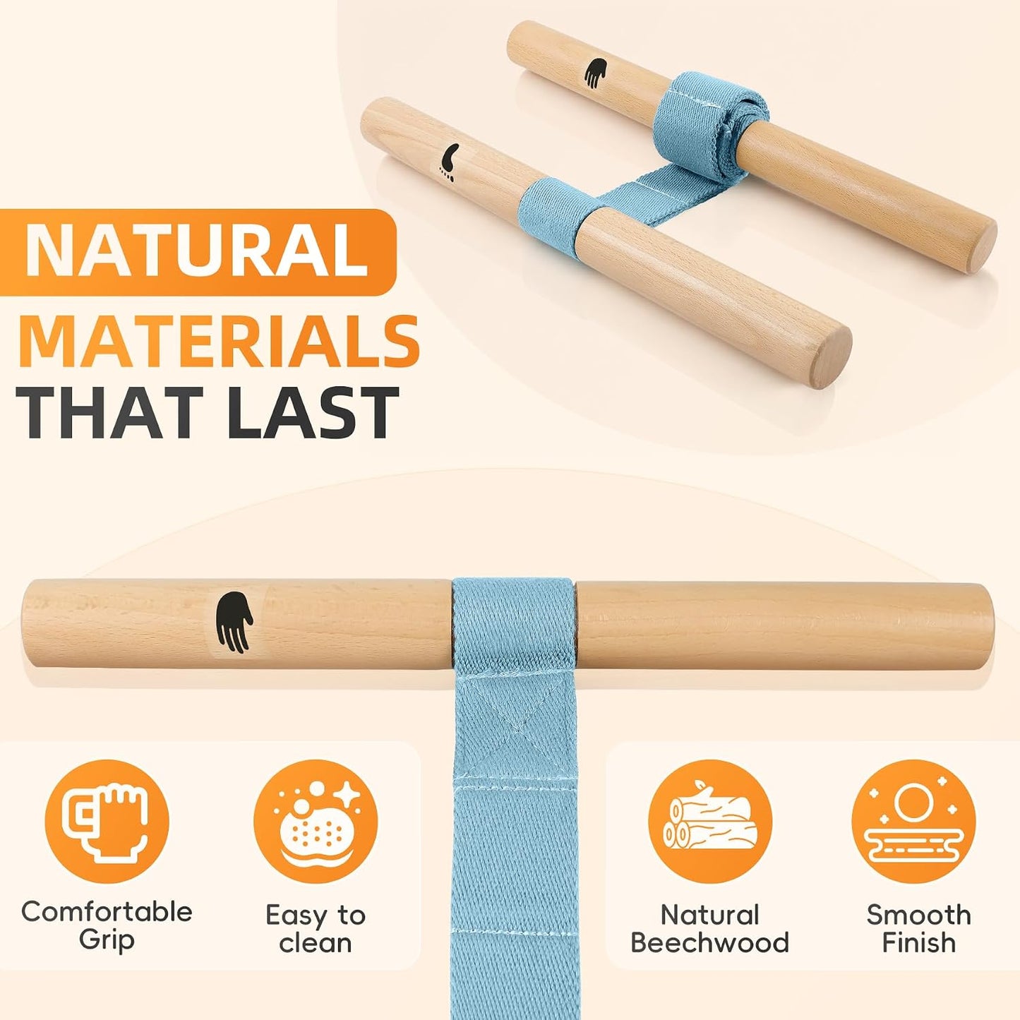 Adjustable Hamstring and Calf Stretching Tool with Beechwood Bar | Includes non-slip yoga socks and a stretch strap for yoga, Pilates, home and office mobility routines.