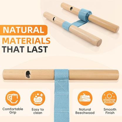 Adjustable Hamstring and Calf Stretching Tool with Beechwood Bar | Includes non-slip yoga socks and a stretch strap for yoga, Pilates, home and office mobility routines.
