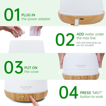 ASAKUKI Essential Oil Diffuser for Home, 500ML Aromatherapy Diffuser Humidifier with Remote Control, 7 Color LED Lights, Quiet Cool Mist Diffuser for Bedroom, Living Room, Office (White)