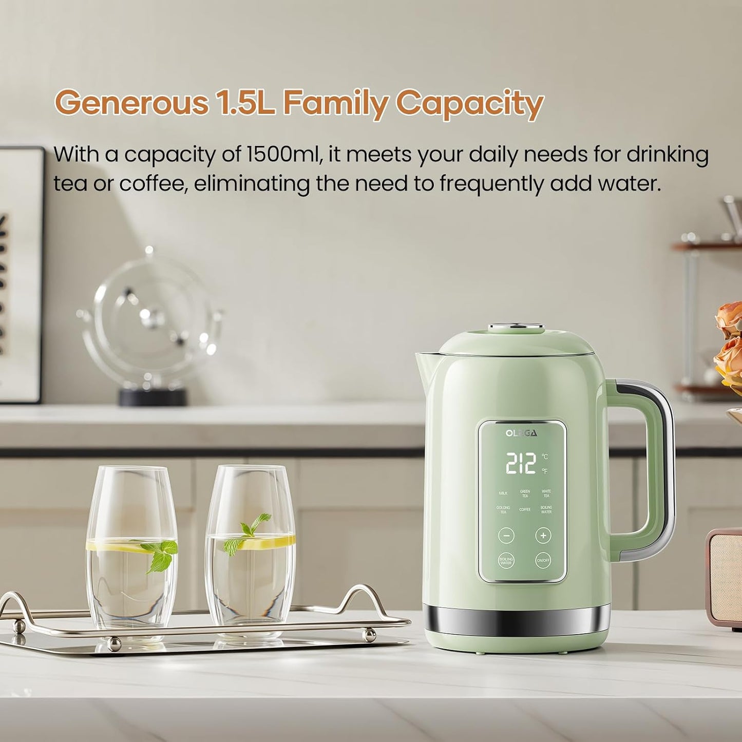 Electric Kettle Temperature Control: OLEGA 1.5L Smart Kettle 1200W | Stainless Steel Hot Water Boiler, 6 Temp Presets, Fast Boiling Electric Tea & Coffee Kettle