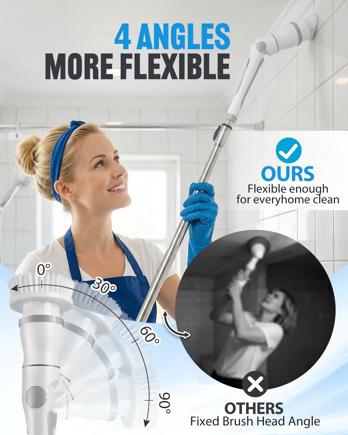Electric Spin Scrubber, Cordless Shower Scrubber with 8 Replaceable Brush Heads, Adjustable Long Handle Bathroom Scrubber, 3 Speeds LED Display, IPX7 Waterproof Cleaning Brush for Bathtub Tile Floor