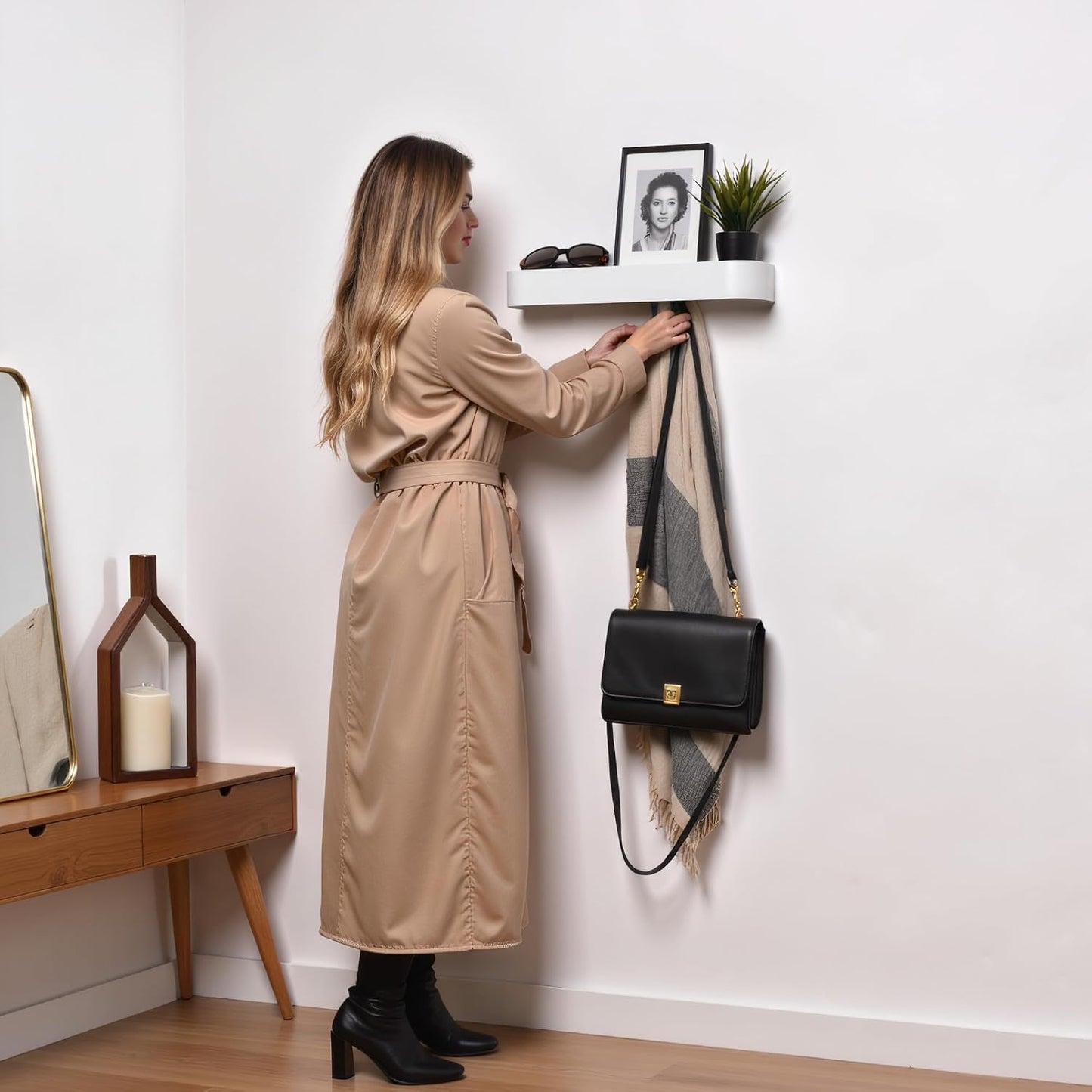 Modern Wall-Mounted Coat Rack with Shelf – Heavy-Duty Steel, 5 Sturdy Hooks, Powder-Coated Finish, Space-Saving Entryway Organizer with Mounting Hardware – Sleek & Minimalist Design (White)