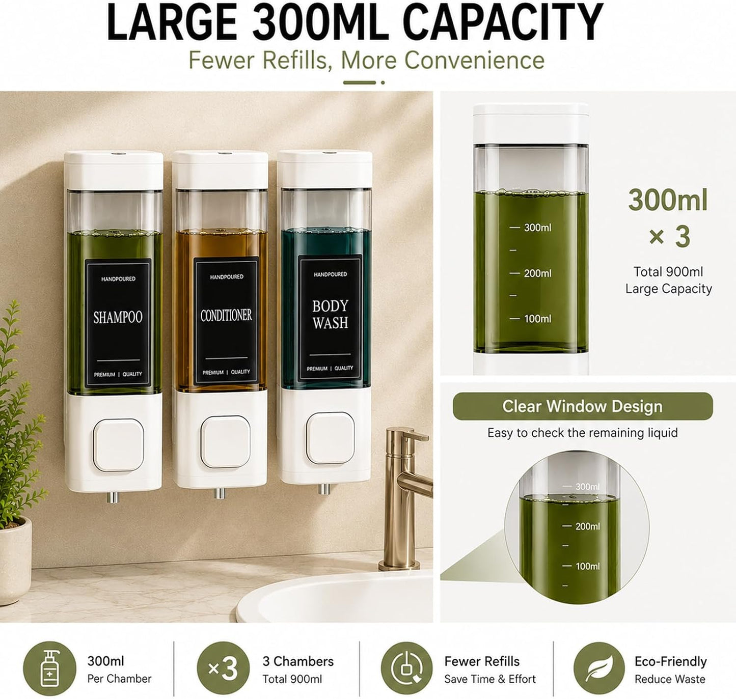 Shampoo and Conditioner Dispenser, Shower Soap Dispenser Wall Mounted, Shower Dispenser 3 Chamber No Drill for Bathroom Large Capacity (Silver)