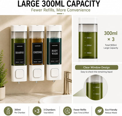Shampoo and Conditioner Dispenser, Shower Soap Dispenser Wall Mounted, Shower Dispenser 3 Chamber No Drill for Bathroom Large Capacity (Silver)