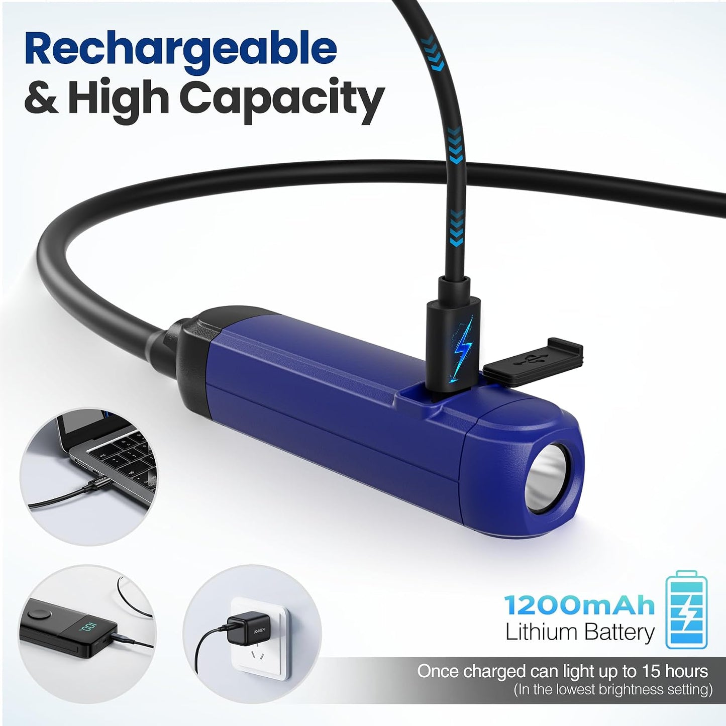 WORKPRO Rechargeable Neck Light, 3 Brightness Hands-Free Neck Work Light | Hands-Free Bendable Silicone Arm, Neck Flashlight Lamp, for Mechanics, Camping, DIY Projects, Crafting, Blue and Black
