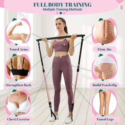 Pilates Bar Kit with Resistance Bands, Multifunctional Yoga Pilates Kit | Heavy-Duty Metal Adjustment Buckle, Portable Home Gym Pilates Resistance Bar Kit for Women Full Body Workouts