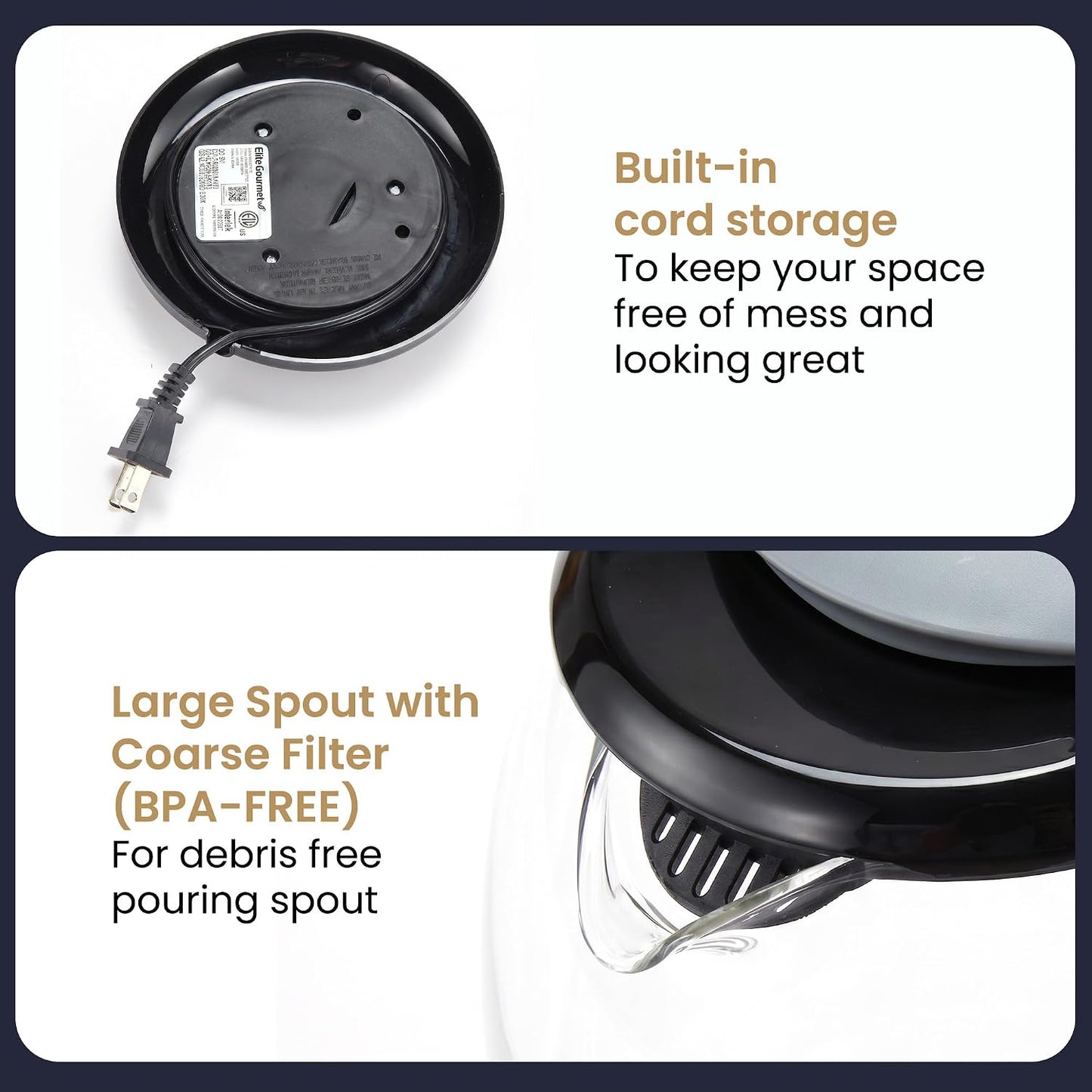 Elite Gourmet EKT1792M 1.7L Glass Kettle, Blue LED, Rapid Boil, 7.2 Cups | Auto Shut-Off, Boil-Dry Protection, 360° Cordless Base, Hot Water for Tea, Coffee & Oatmeal