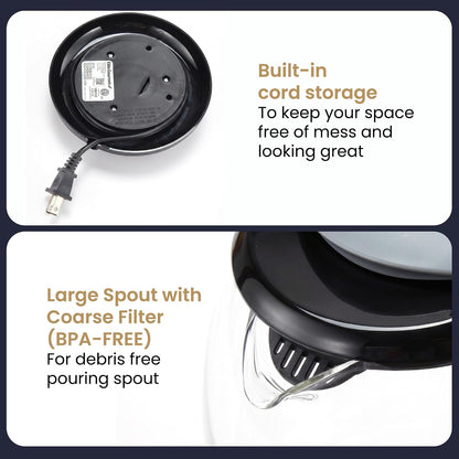Elite Gourmet EKT1792M 1.7L Glass Kettle, Blue LED, Rapid Boil, 7.2 Cups | Auto Shut-Off, Boil-Dry Protection, 360° Cordless Base, Hot Water for Tea, Coffee & Oatmeal
