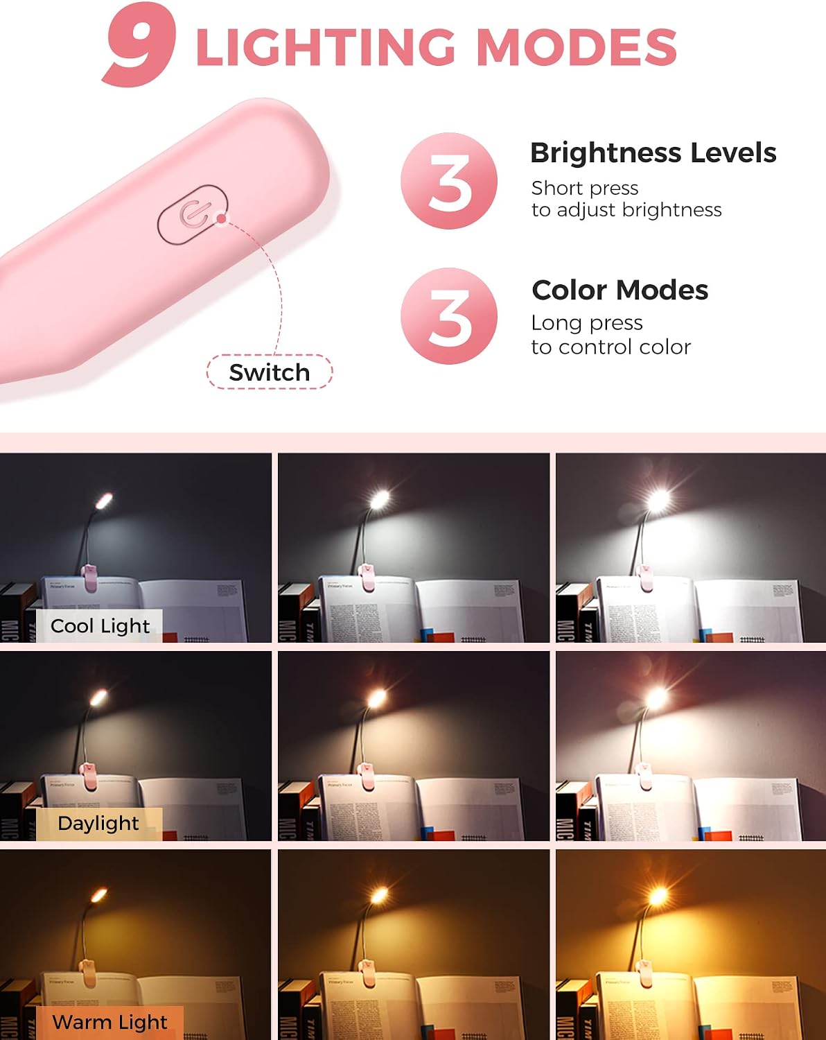 Monotremp Rechargeable Book Lights for Reading at Night, Clip-On 3 Colors | Eye-caring ultralight clip-on, stepless dimming, no flicker, amber mode, 80H runtime, 1.3oz, memory, gift for book lovers.