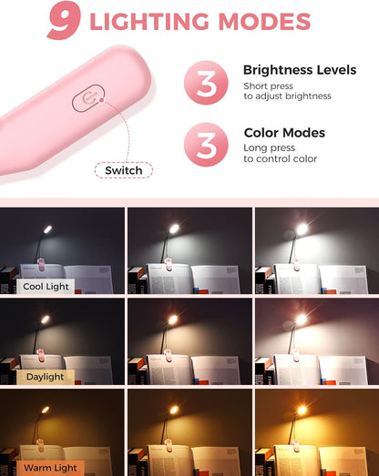 Monotremp Rechargeable Book Lights for Reading at Night, Clip-On 3 Colors | Eye-caring ultralight clip-on, stepless dimming, no flicker, amber mode, 80H runtime, 1.3oz, memory, gift for book lovers.