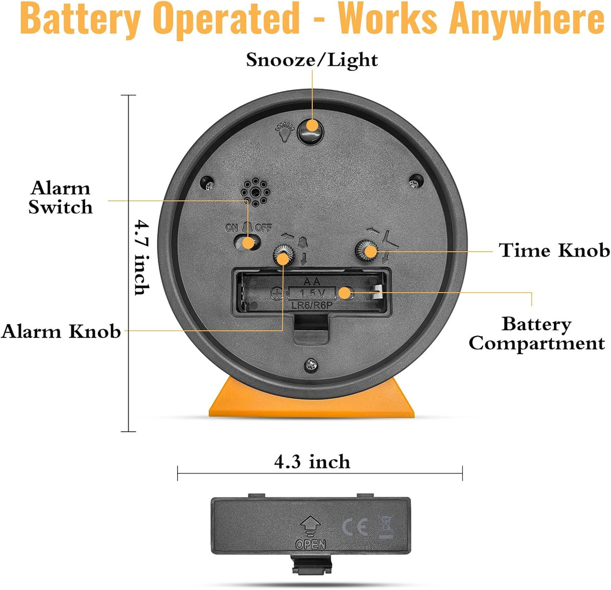 4.5 Inch Small Desk Clock Battery Analog Alarm Clock for Bedroom, Black