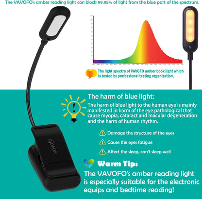 VAVOFO Rechargeable Book Light, Blue Light Blocking, Amber 1600K Clip On Reading Light, Eye Care 7 LEDs Kids Book Light for Reading in Bed with Power Indicator for Bookworms (Neon Orange)