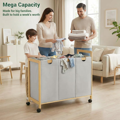 250L Laundry Sorter with Wheels, 3-Section Laundry Hamper, Black | 66 Gal Large Laundry Cart with Removable Bags, Rolling Laundry Basket, Water-Resistant, Bamboo Frame, Laundry Room Organizer