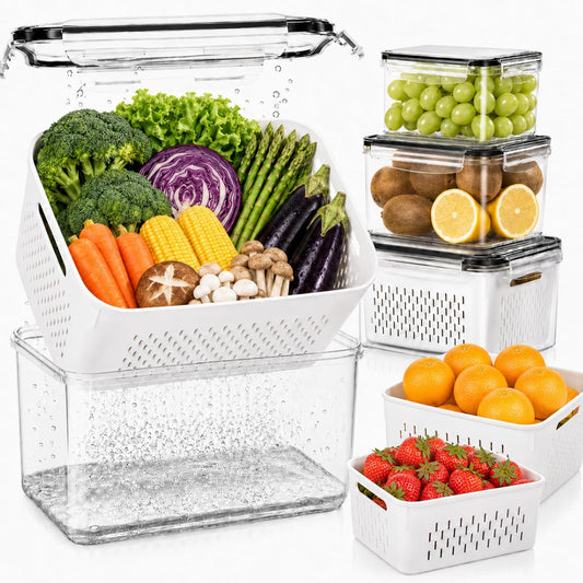 UFORU 4 Pack Fruit Storage Containers, Airtight Produce Saver for Fridge | Airtight refrigerator storage containers with removable colander and stackable design for berries, fruits and vegetables