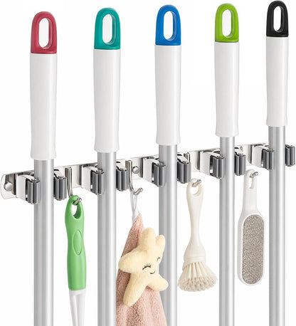 Foensc 5 Racks and 4 Hooks Mop and Broom Holder Wall Mount, Improved Non-Slip Broom Hanger Wall Mount, Self Adhesive Broom Organizer Storage Tool Racks for Home Kitchen Garden Laundry Garage