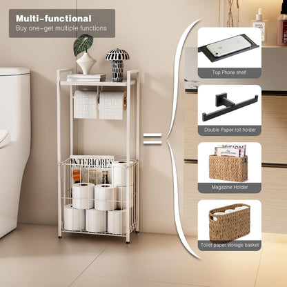Voldra Toilet Paper Holder with Shelf, Flushable Wipes Dispenser for Bathroom, Adhesive Toilet Paper Roll Holder with Storage Wall Mount Stick On Bathroom Tissue Holder Front Flip Design (Matte Black)