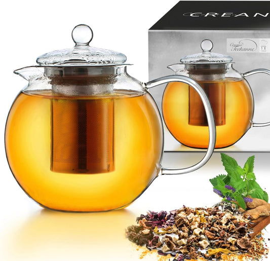 Creano glass teapot 58oz (1700ml), tea maker with integrated stainless steel infuser and glass lid, ideal for preparing loose teas, drip-free, all-in-one